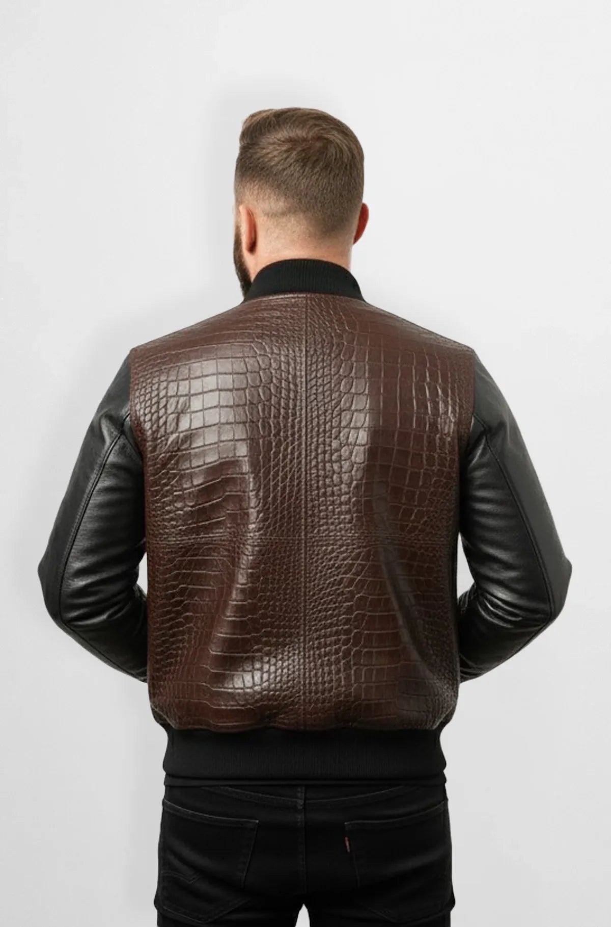 Classic Dark Brown Crocodile Leather Bomber Jacket Back view