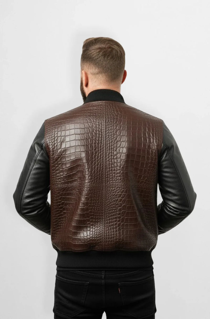 Classic Dark Brown Crocodile Leather Bomber Jacket Back view