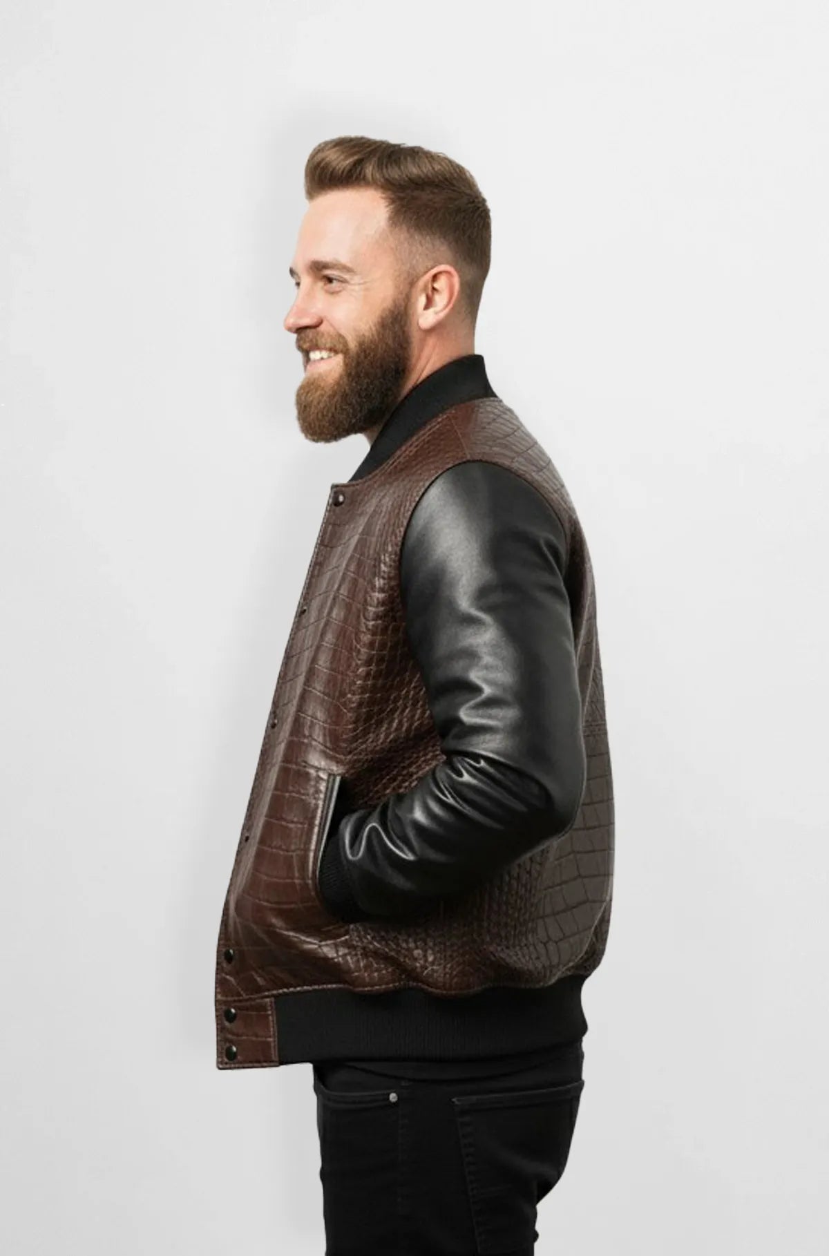 Classic Dark Brown Crocodile Leather Bomber Jacket Side view