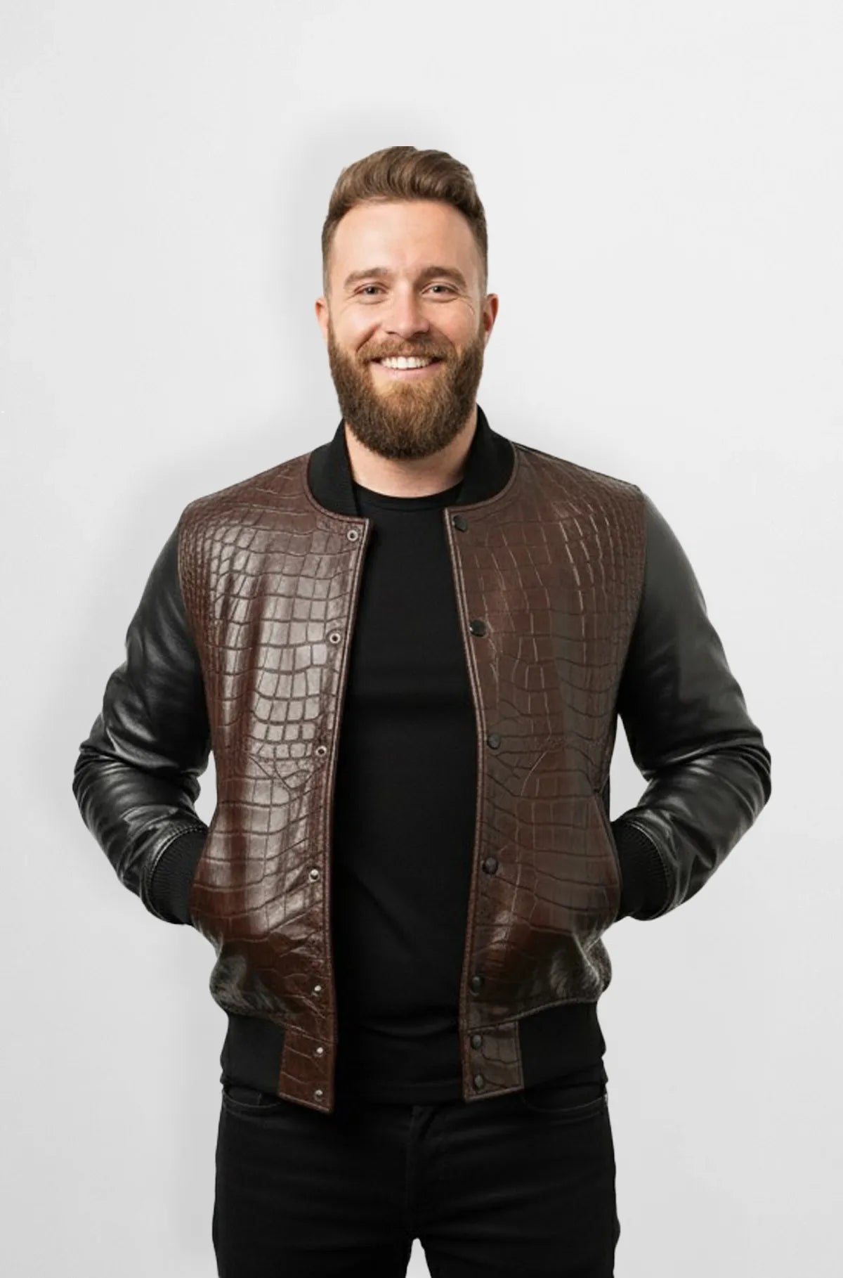 Classic Dark Brown Crocodile Leather Bomber Jacket Front view