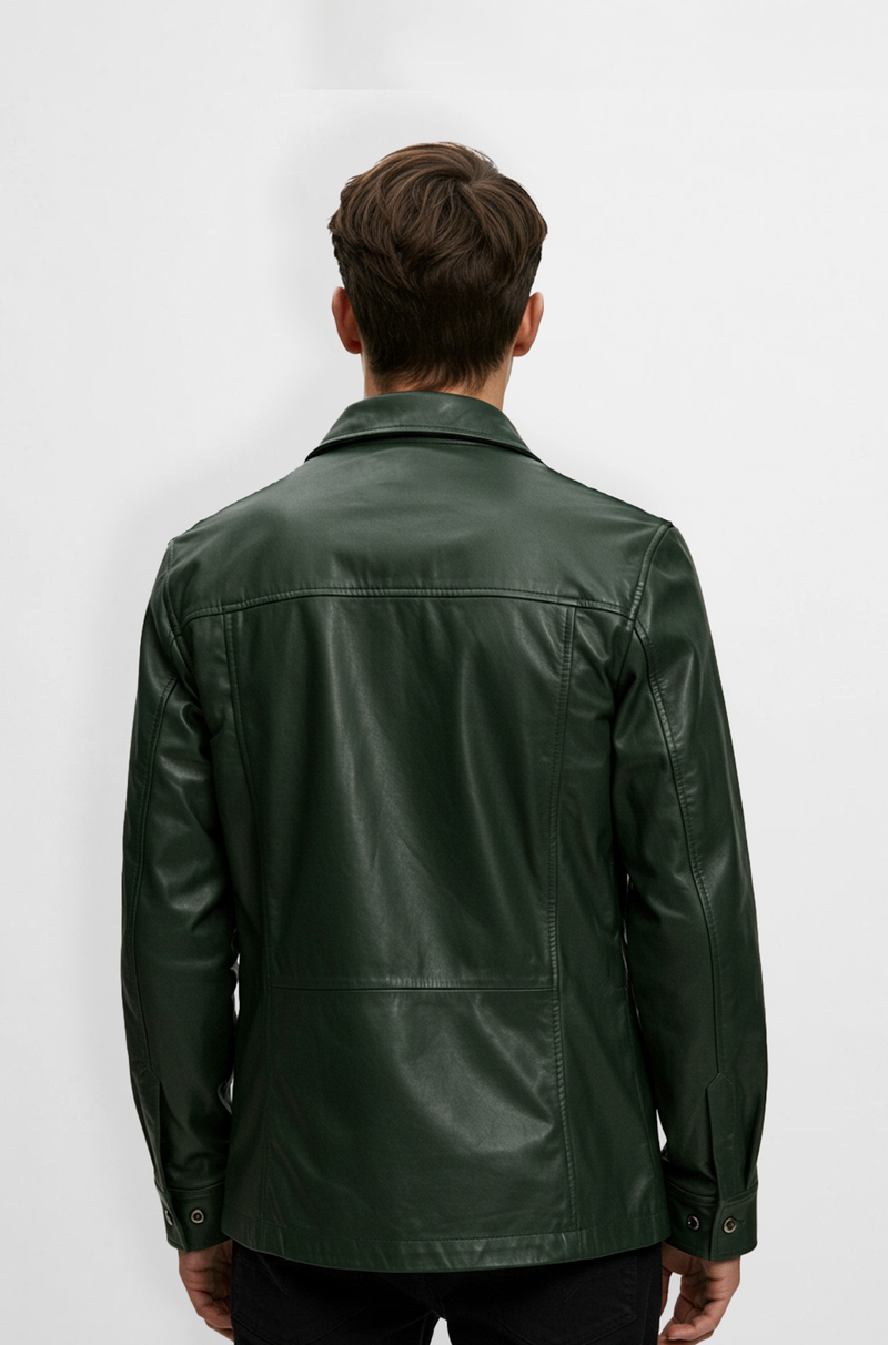 Classic Green Leather Shirt Jacket