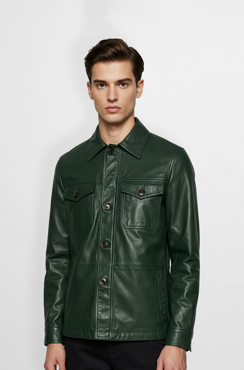 Classic Green Leather Shirt Jacket