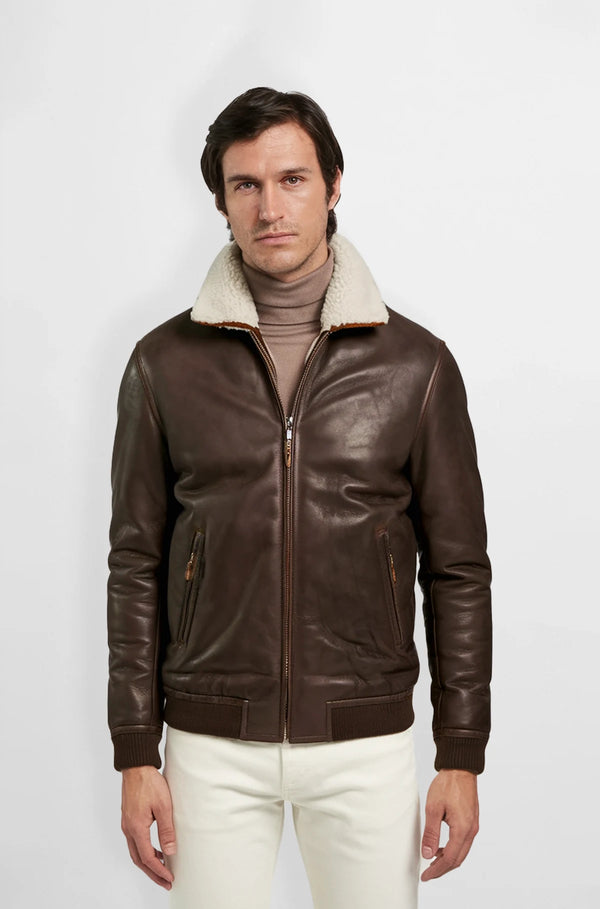 Cognac Brown Shearling Leather Bomber Jacket Front view