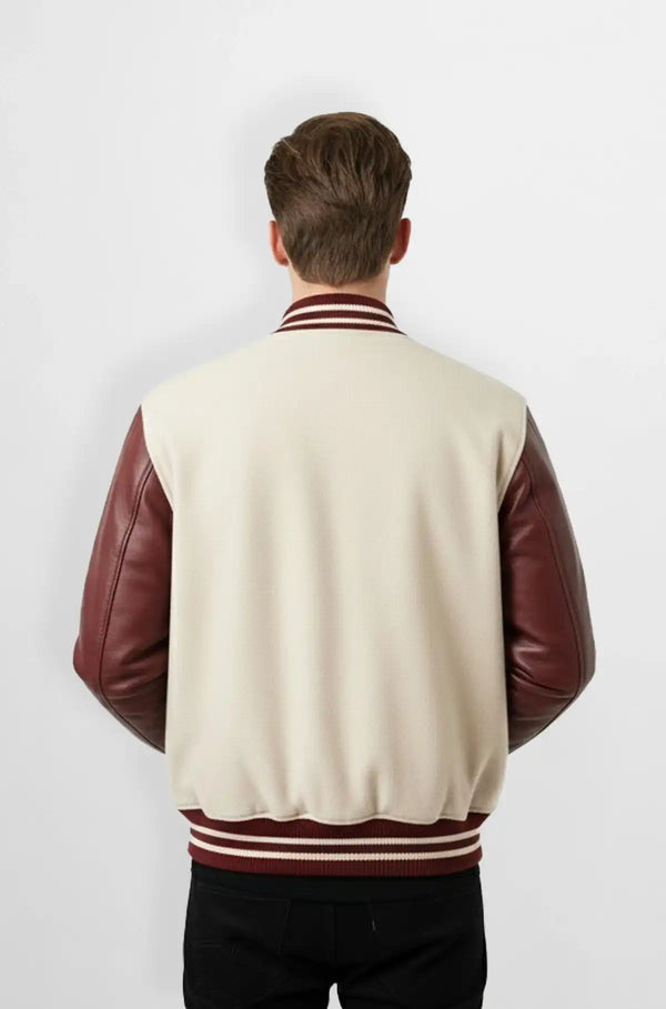 Cream & Burgundy Wool Leather Varsity Jacket Back view