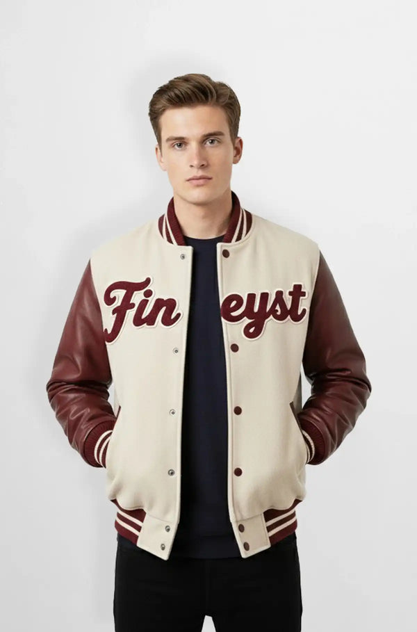Cream & Burgundy Wool Leather Varsity Jacket Front viewCream & Burgundy Wool Leather Varsity Jacket