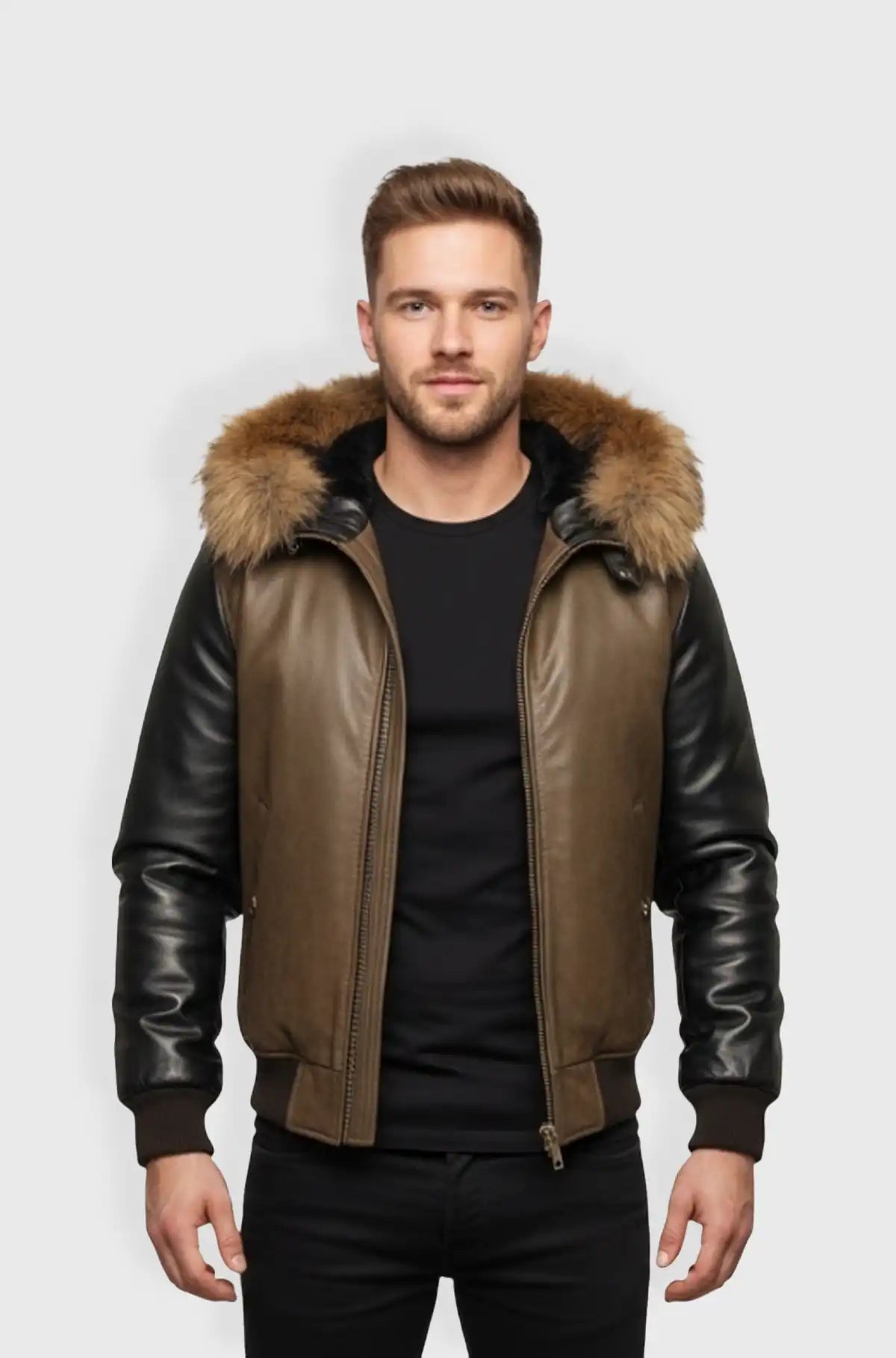 Creamy Brown  Bomber Fur Hood Leather Jacket