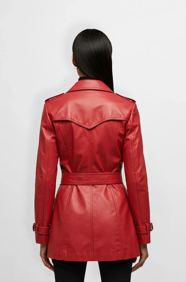 Crimson Red Double Breasted Leather Trench Coat Back view