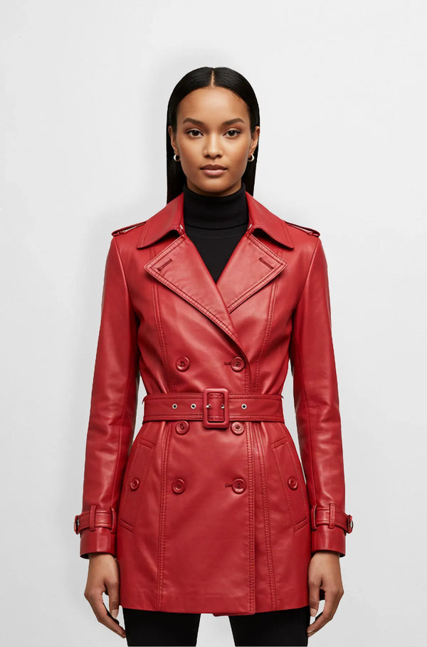 Crimson Red Double Breasted Leather Trench Coat Front view