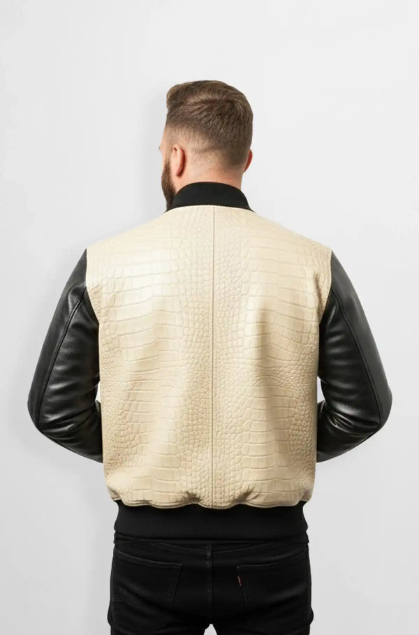 Crocodile Embossed Bomber Leather Jacket