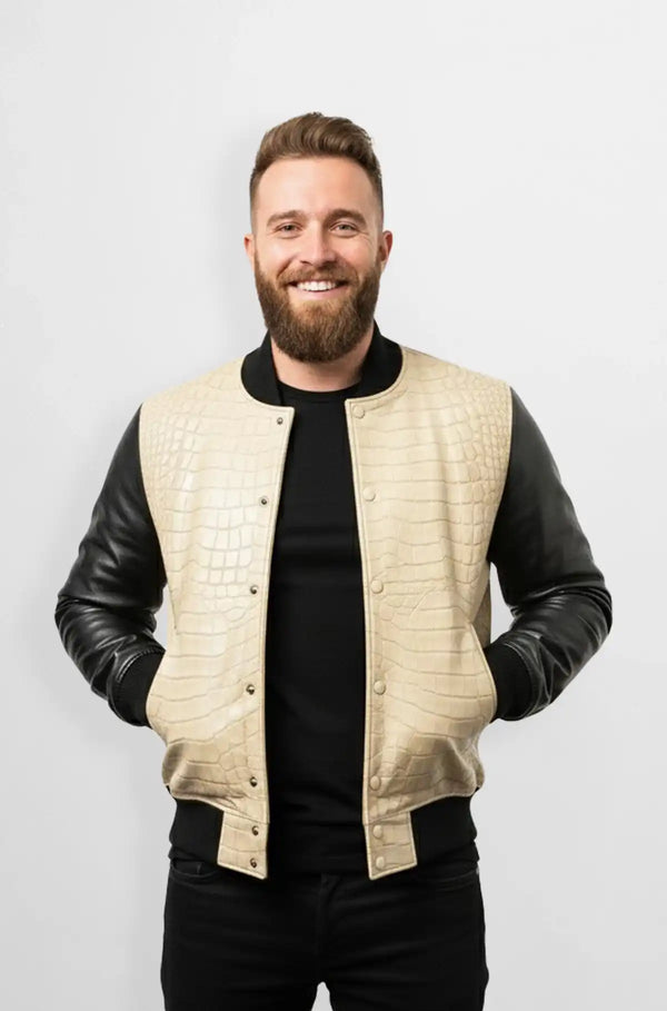 Crocodile Embossed Bomber Leather Jacket