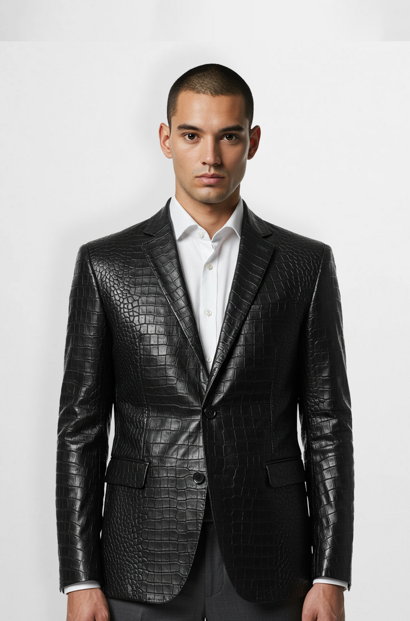 Crocodile Embossed Leather Blazer Jacket