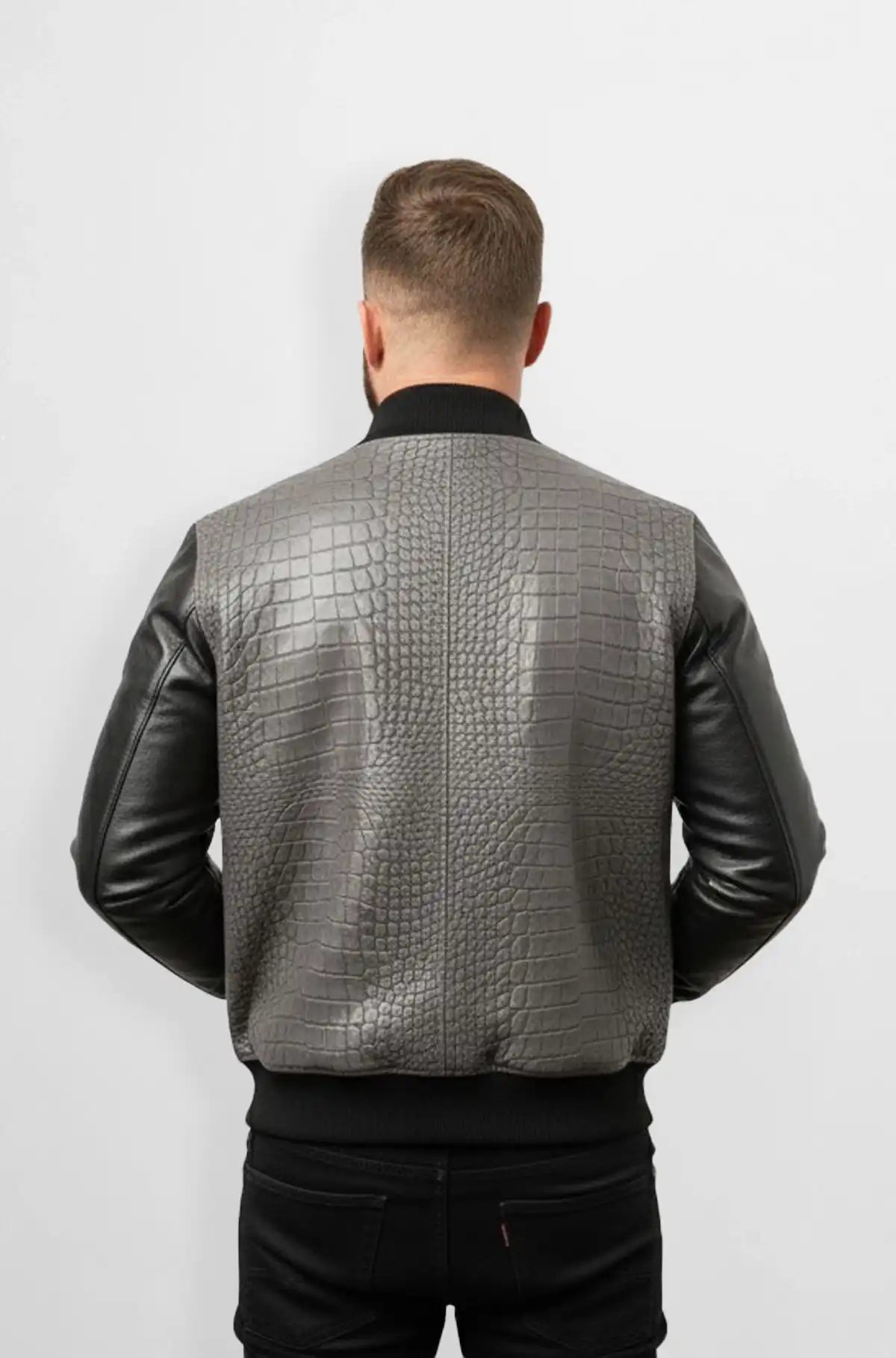 Crocodile Patterned Bomber Jacket in Grey and Black