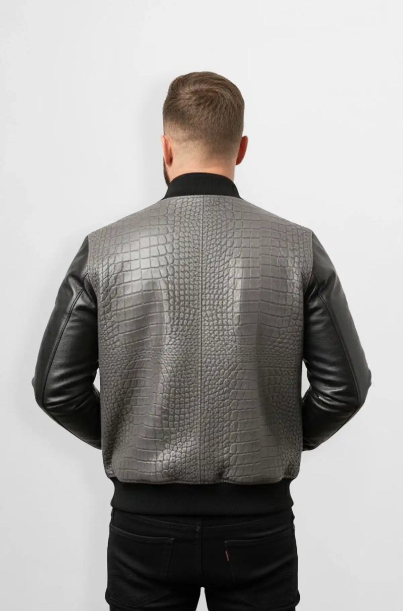 Crocodile Patterned Bomber Jacket in Grey and Black