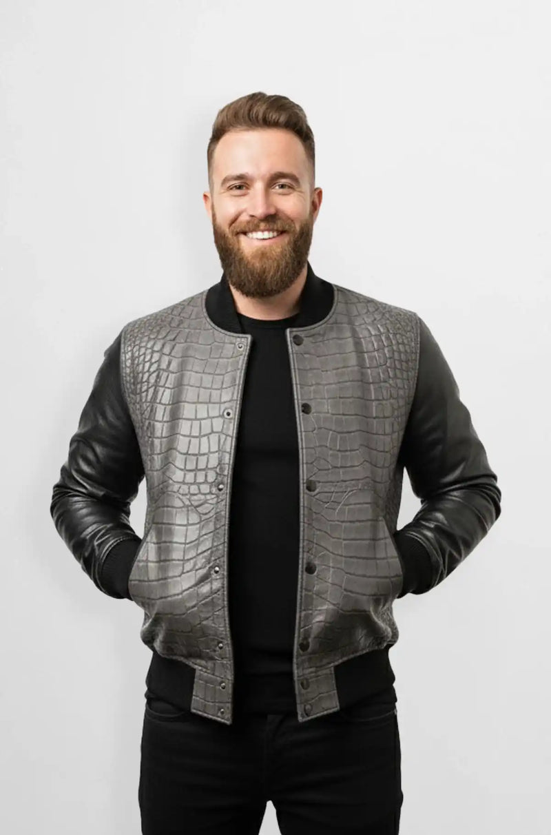 Crocodile Patterned Bomber Jacket in Grey and Black