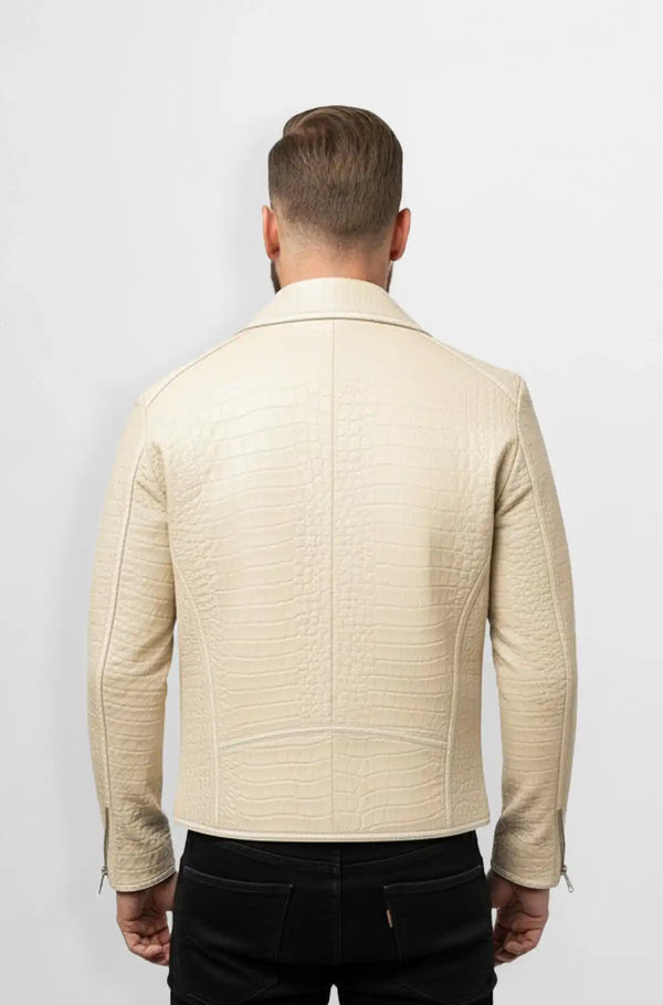 Crocodile Print Beige and Black Biker Leather Jacket
