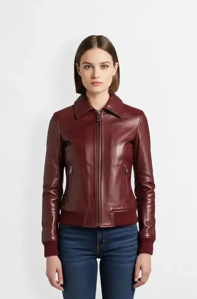 Deep Burgundy Womens Leather Bomber Jacket