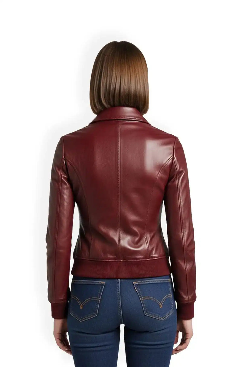 Deep Burgundy Womens Leather Bomber Jacket