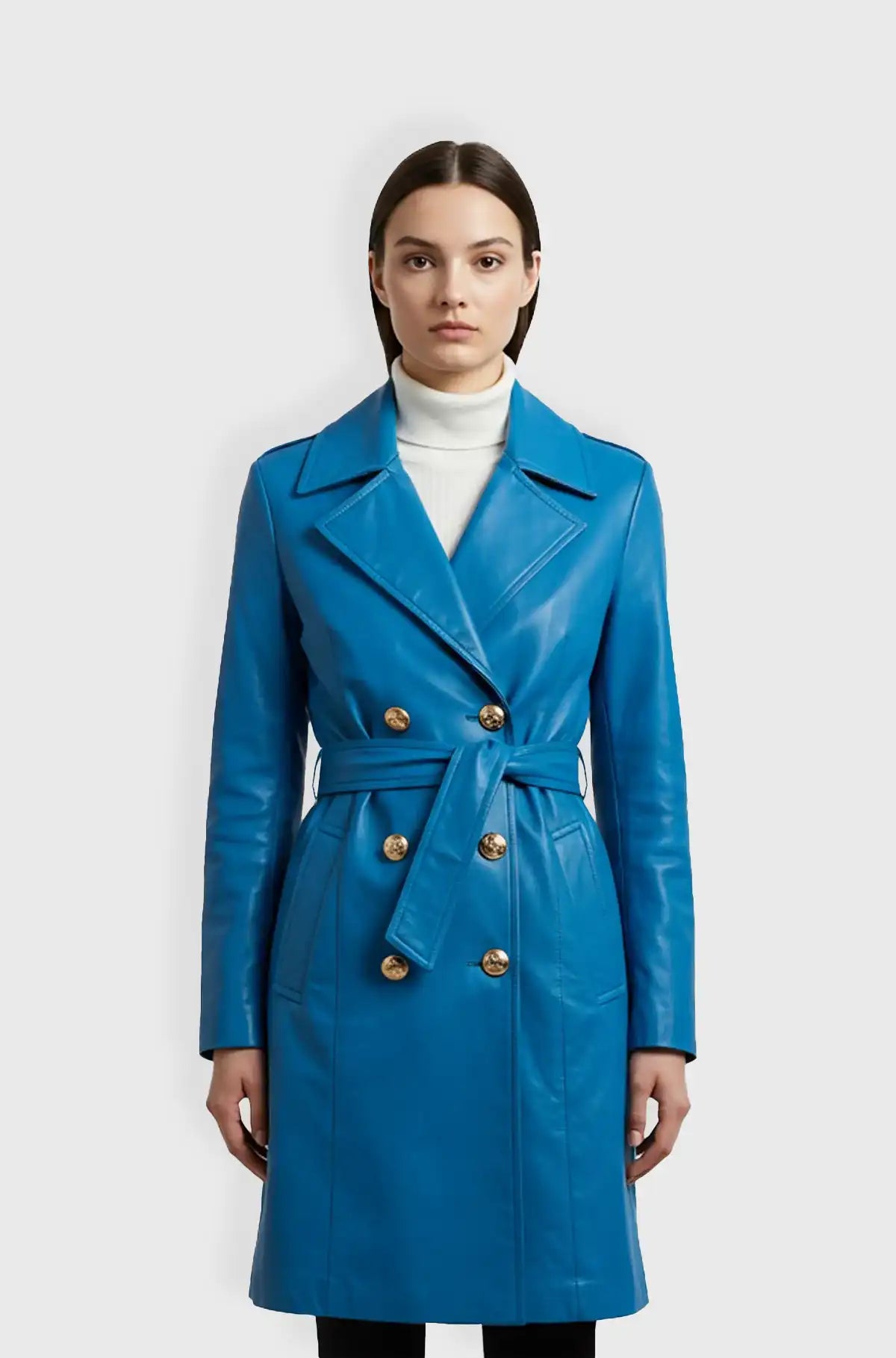 Double Breasted Sky Blue Leather Trench Coat