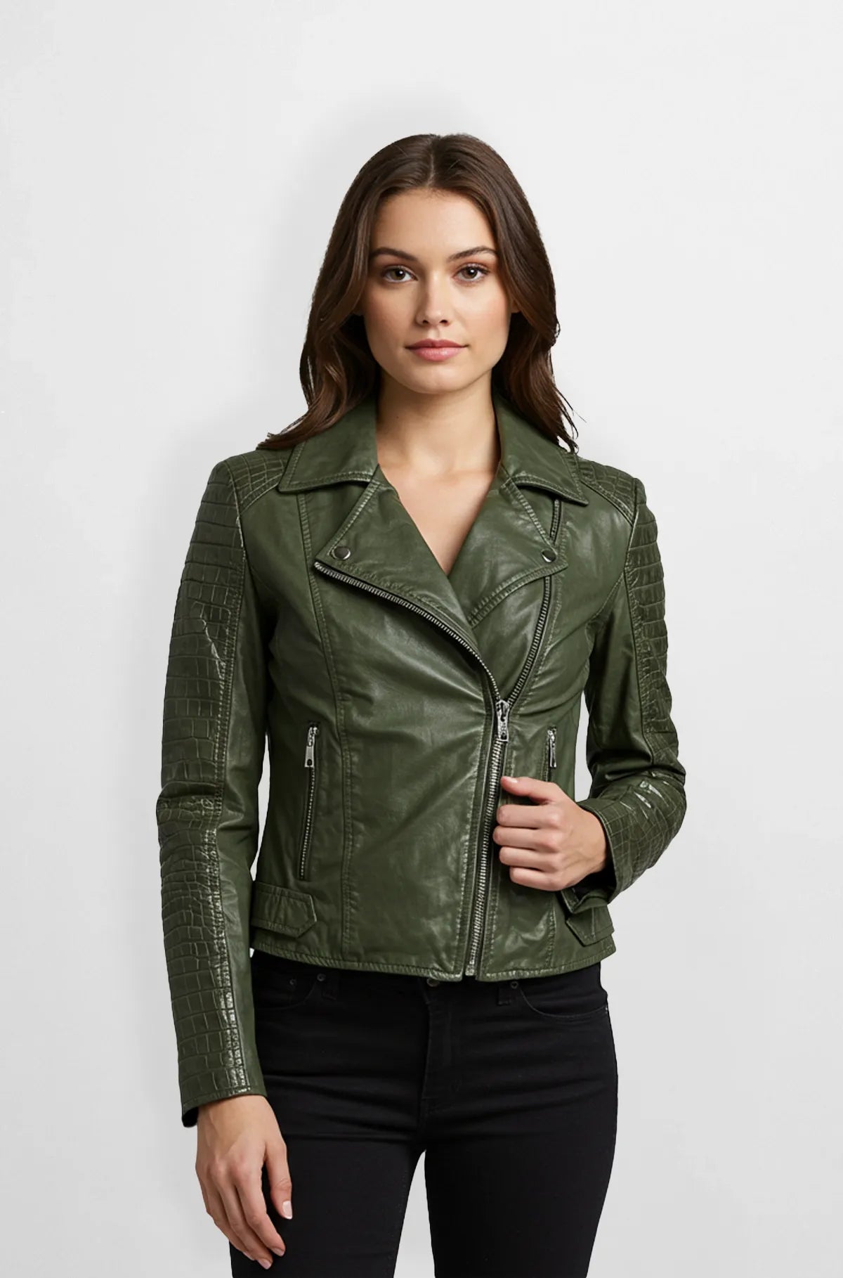 Forest Green Crocodile Sleeves Moto Leather Jacket