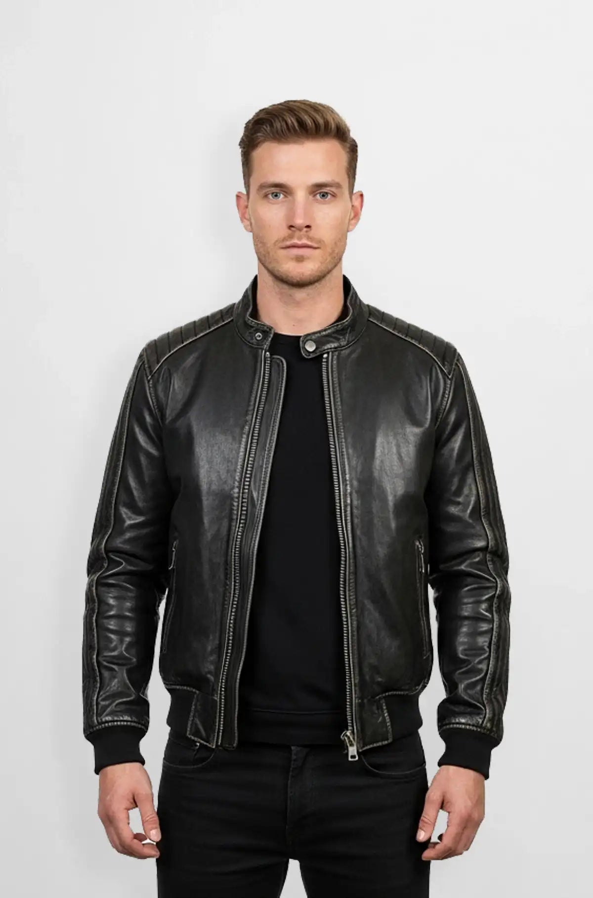 Genuine Black Leather Bomber Jacket