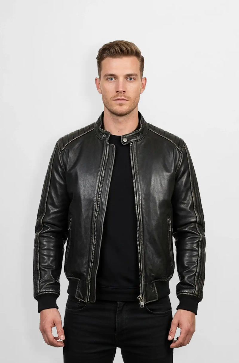 Genuine Black Leather Bomber Jacket