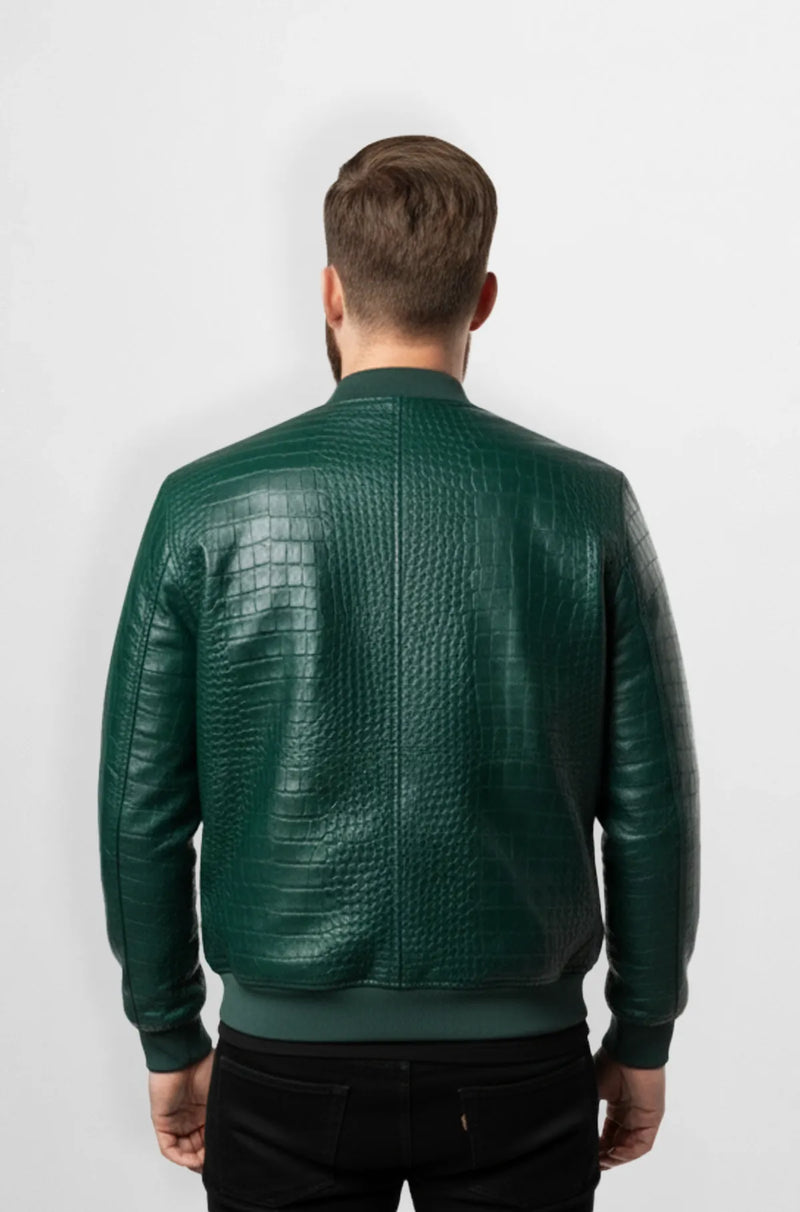 Green Crocodile Leather Bomber Jacket Back view