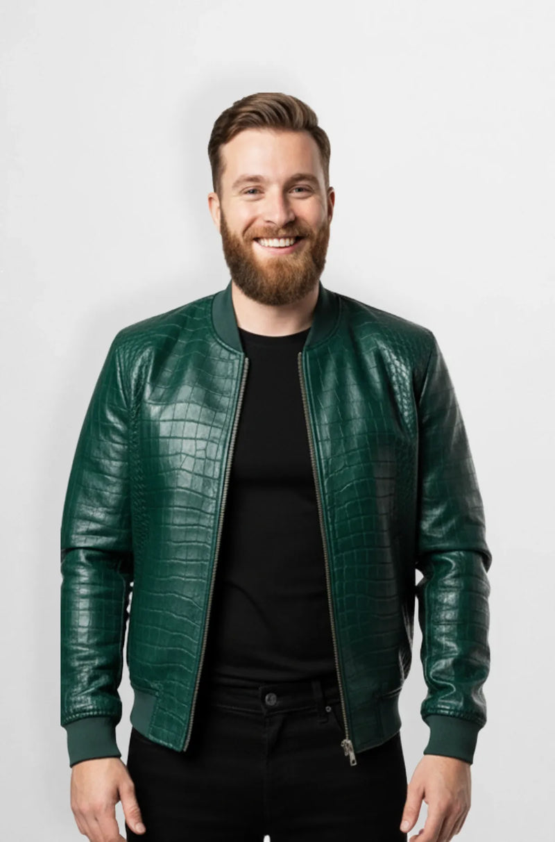 Green Crocodile Leather Bomber Jacket Front view