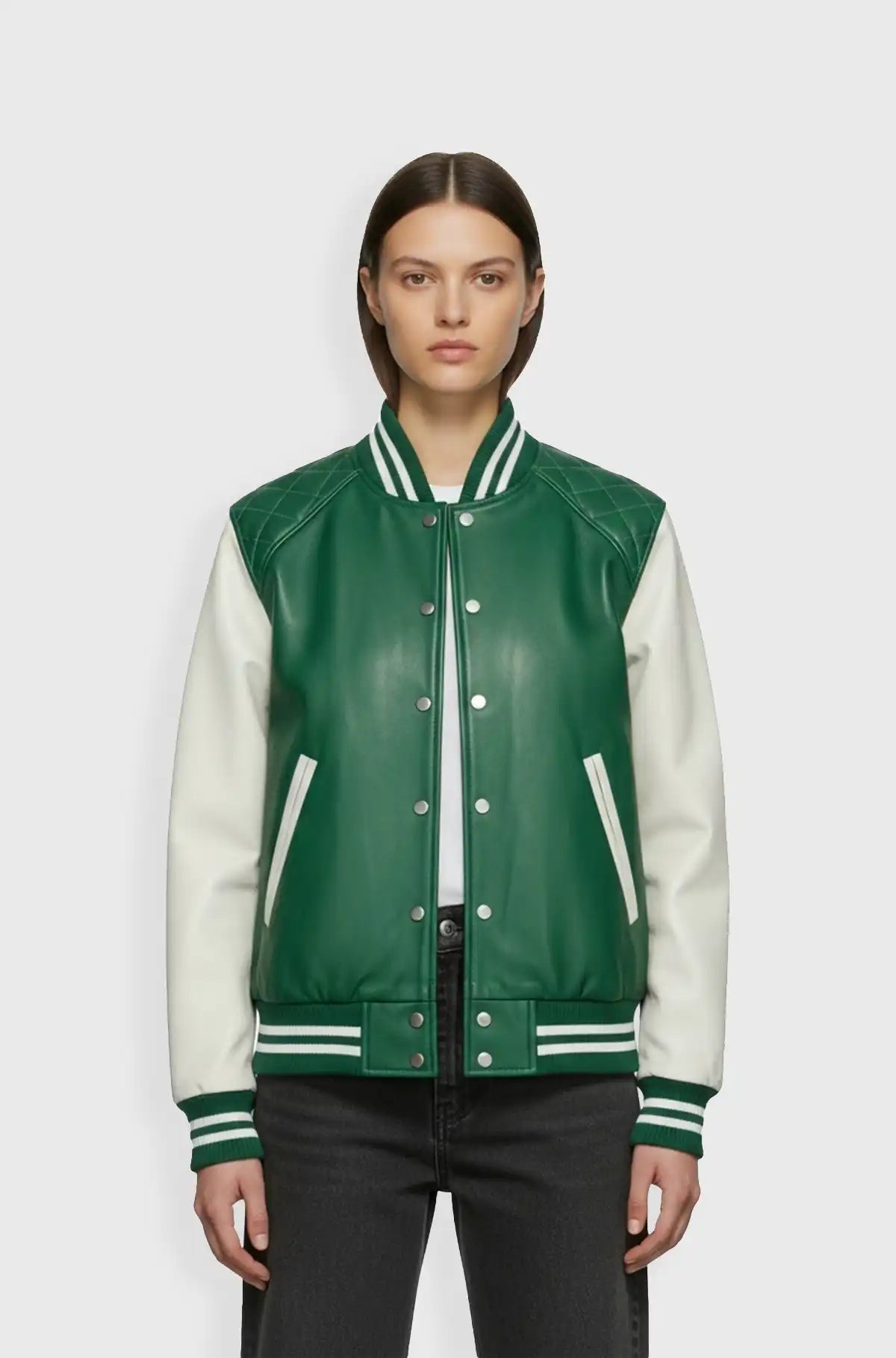 Green White Varsity Leather Jacket