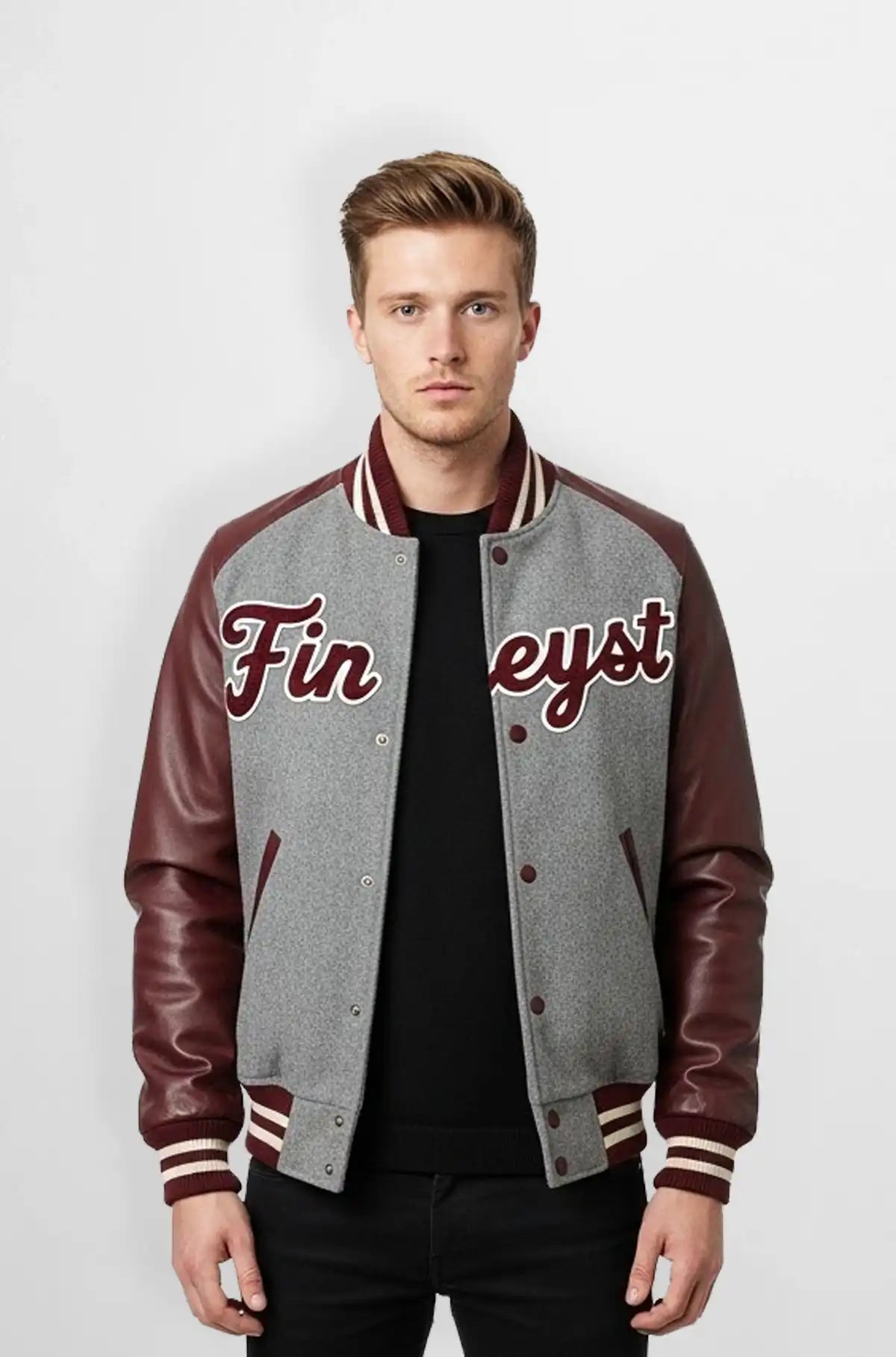 Grey Heather Wool Leather Panel Varsity Jacket