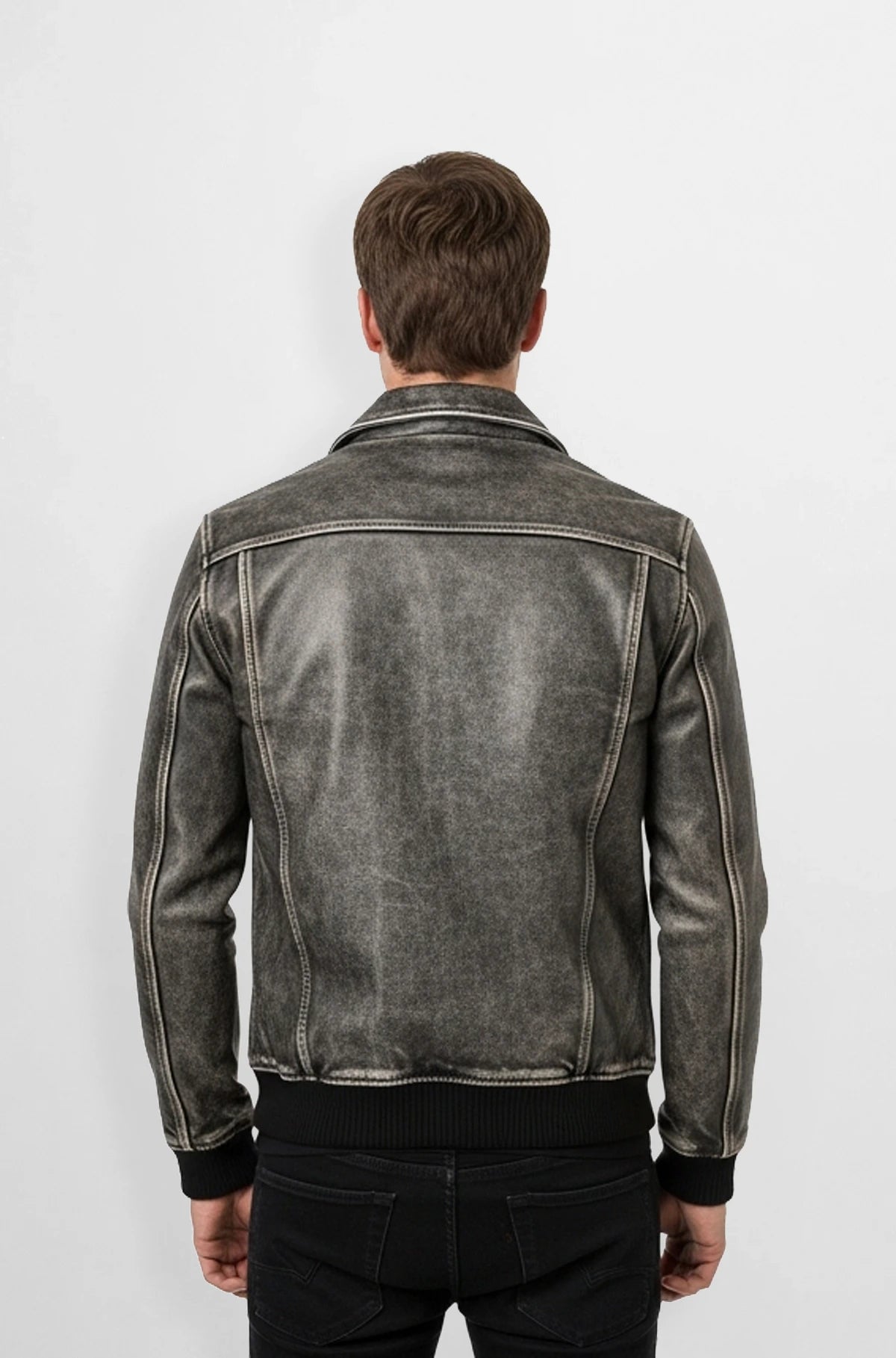 Grey Vintage Black Distressed Leather Jacket