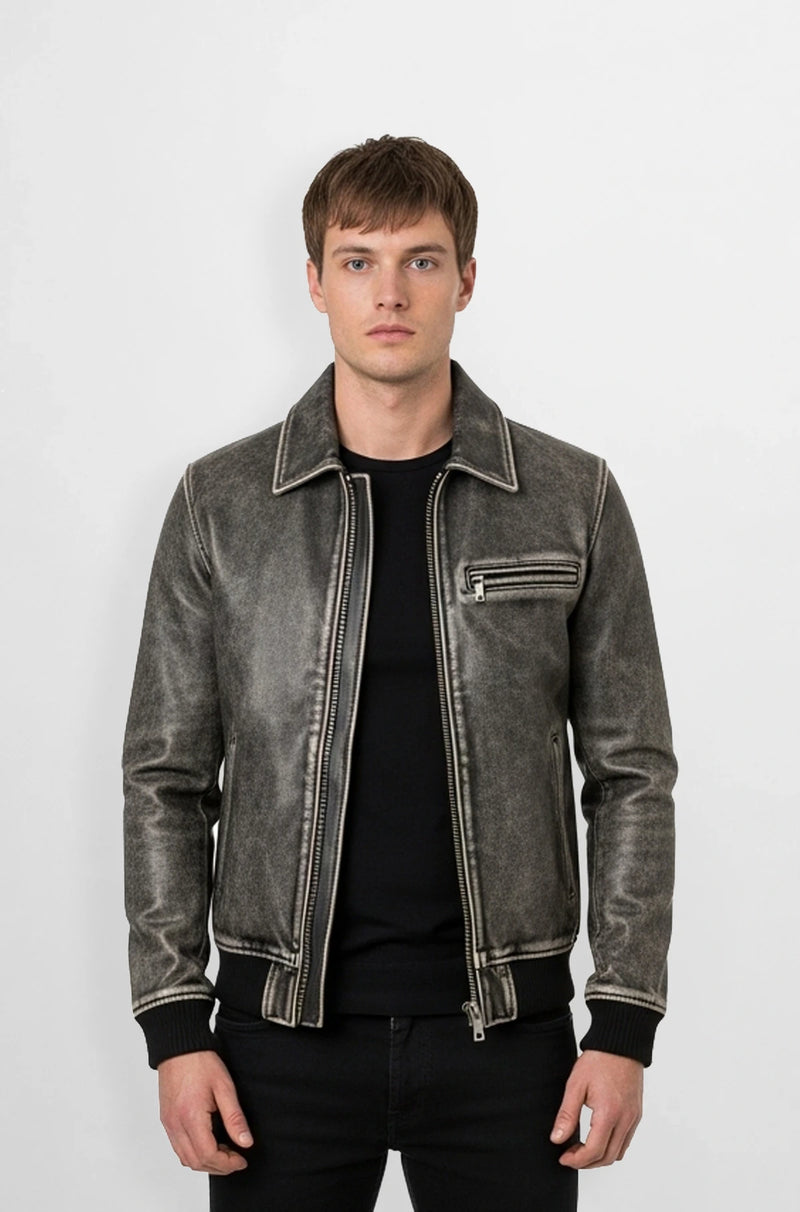Grey Vintage Black Distressed Leather Jacket