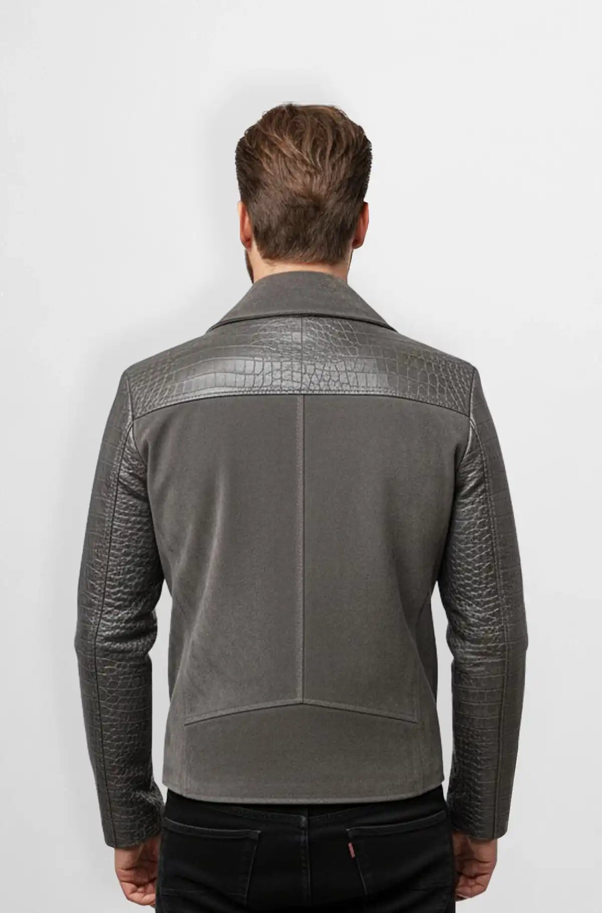 Grey suede Leather Crocodile Texture Jacket