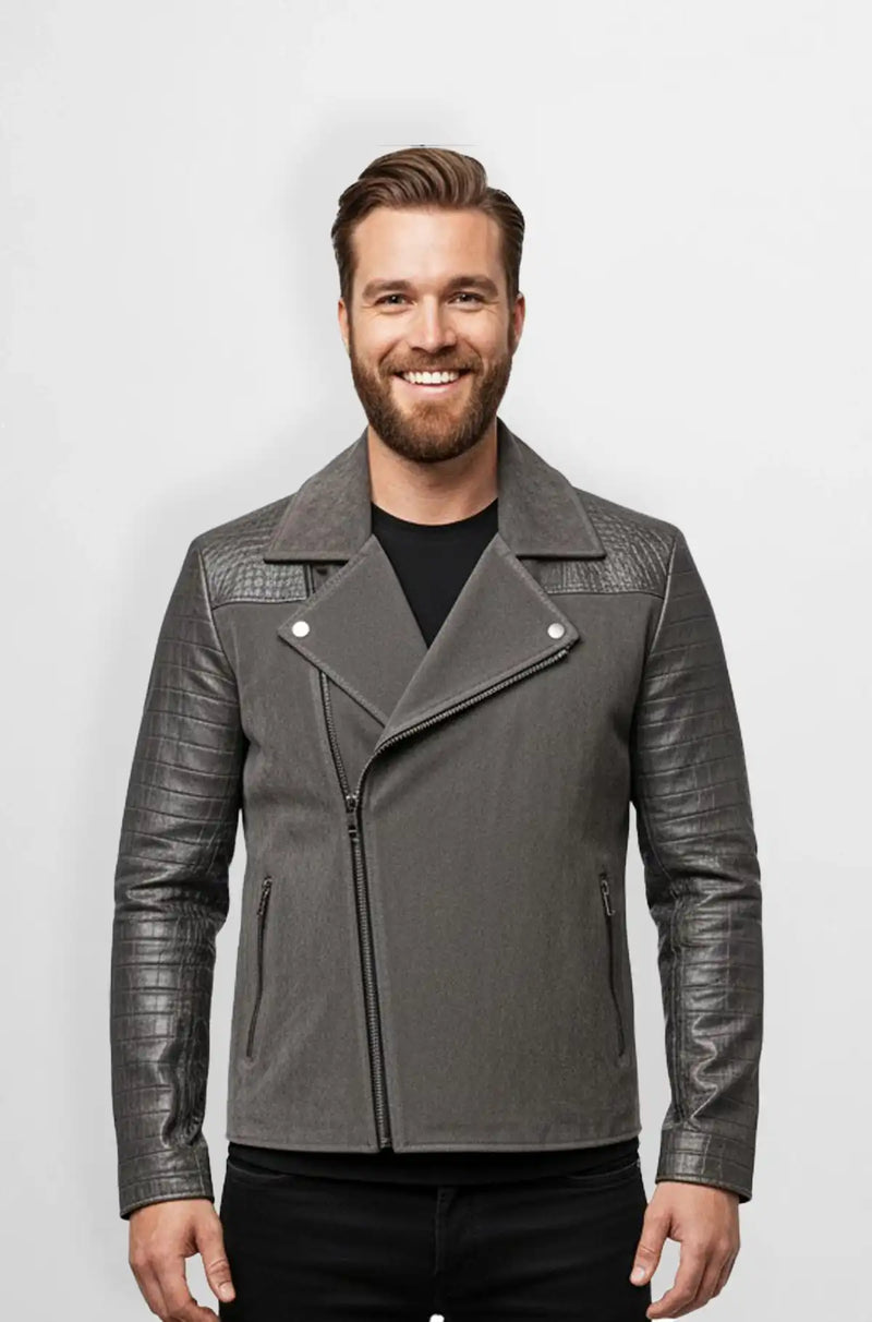 Grey suede Leather Crocodile Texture Jacket