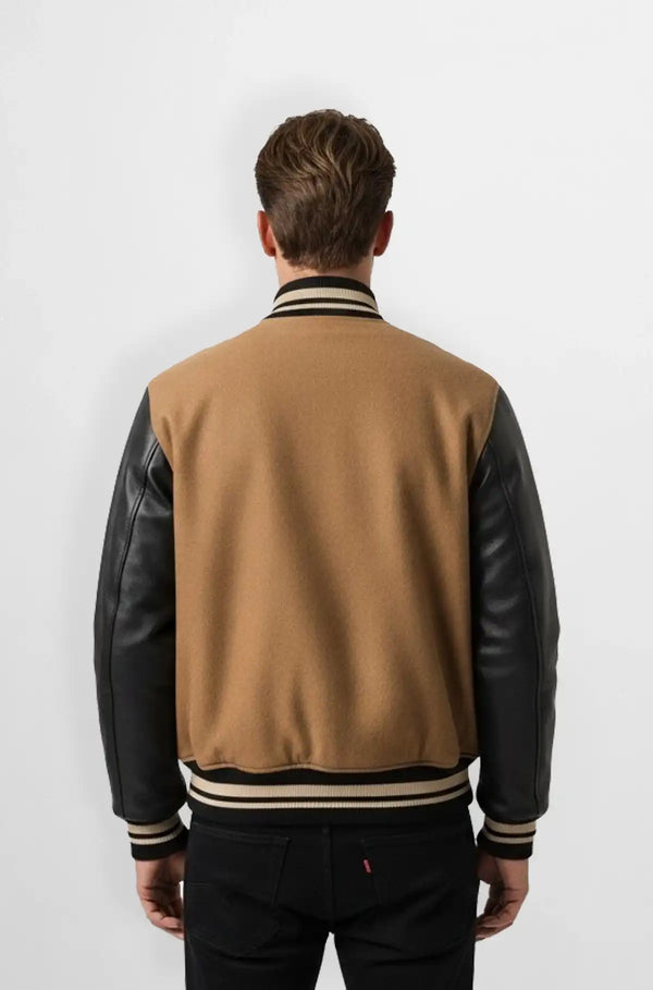 Light Brown Wool Leather Varsity Jacket Back viewLight Brown Wool Leather Varsity Jacket