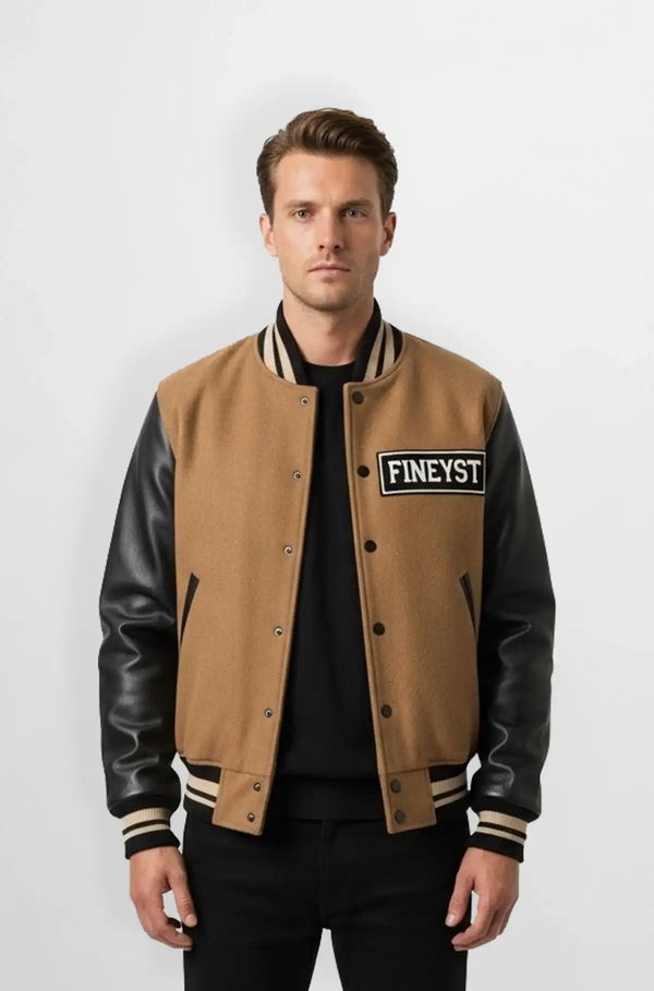 Light Brown Wool Leather Varsity Jacket Front view