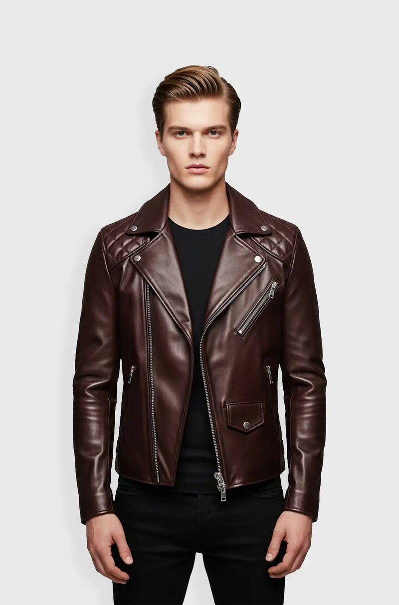 Maroon Rebel Quilted Biker Jacket Front Usa