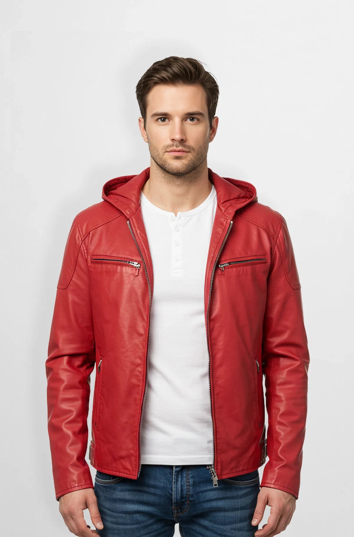 Mens Crimson Red Leather Hooded Jacket