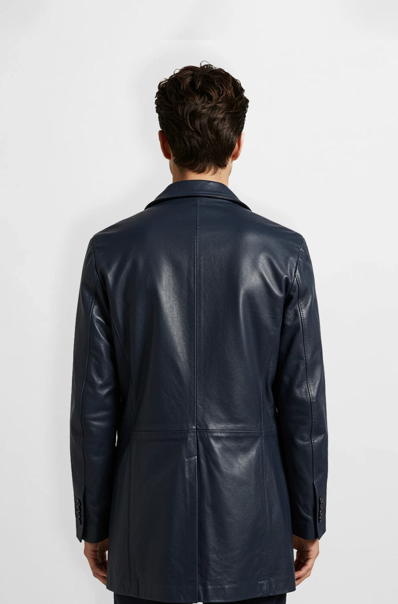 Navy Blue Leather Trench Coat