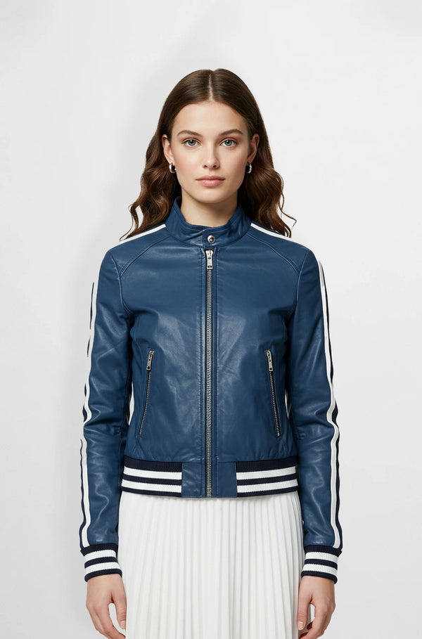Navy Blue Leather Varsity Jacket Front view
