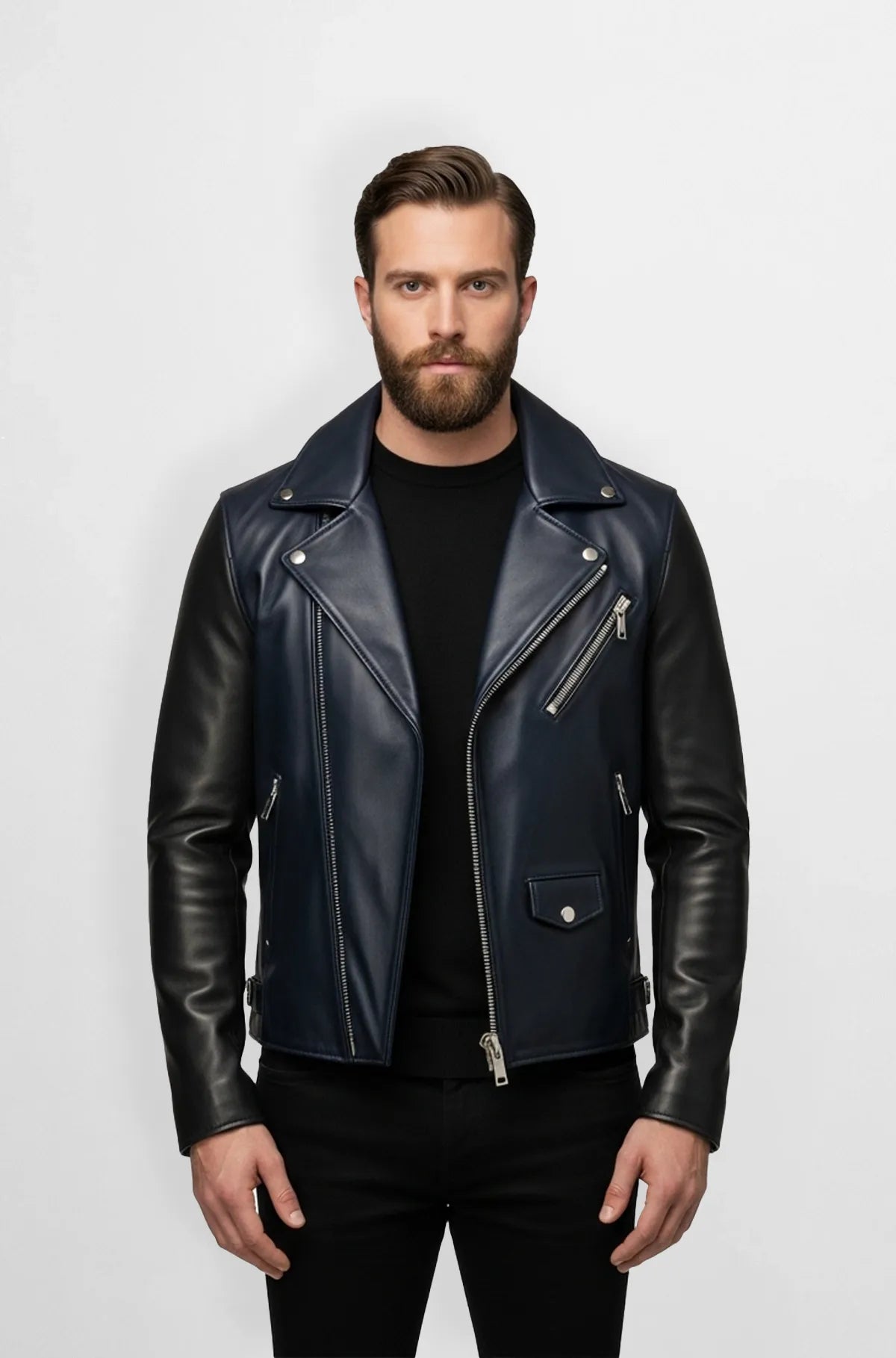 Navy Blue and Black Biker Leather Jacket