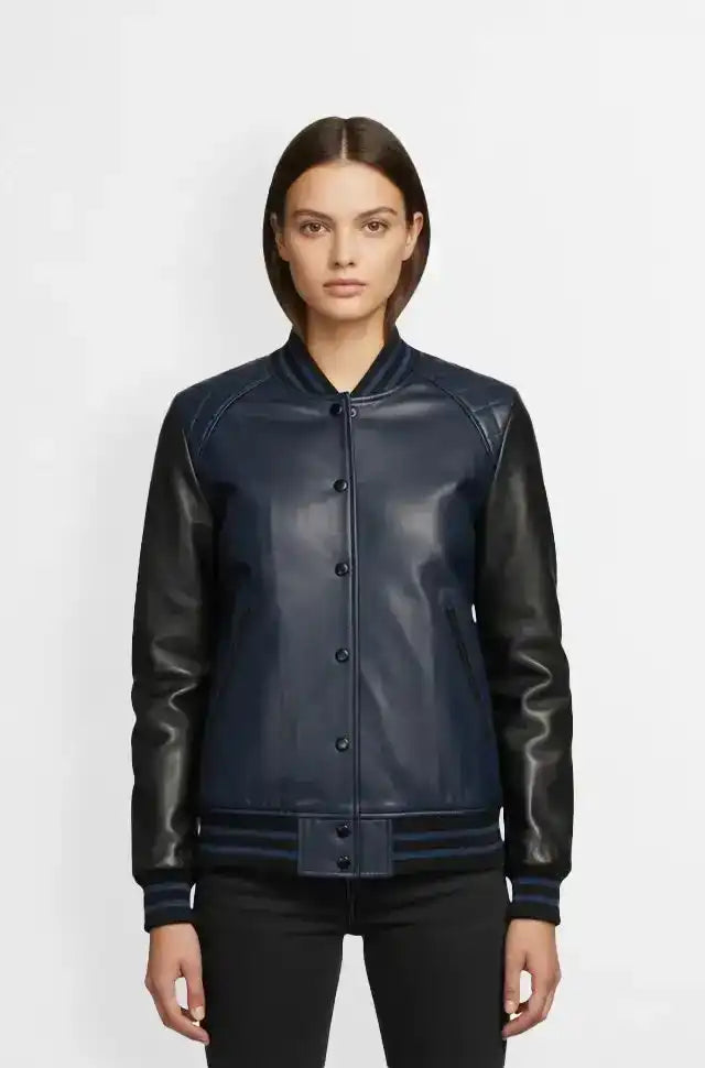 Navy Blue and Black Varsity Leather Jacket for Women