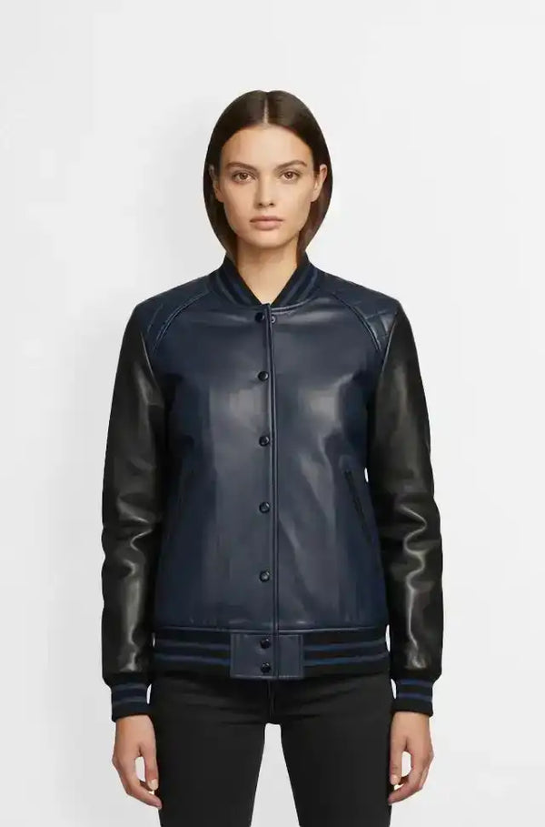 Navy Blue and Black Varsity Leather Jacket for Women