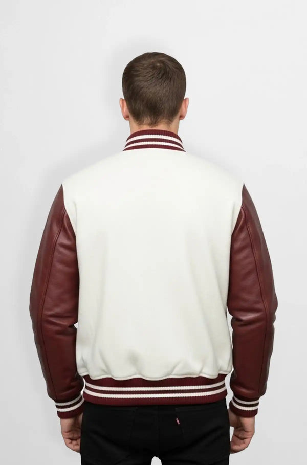 Off White Wool Leather Varsity Jacket Back veiw