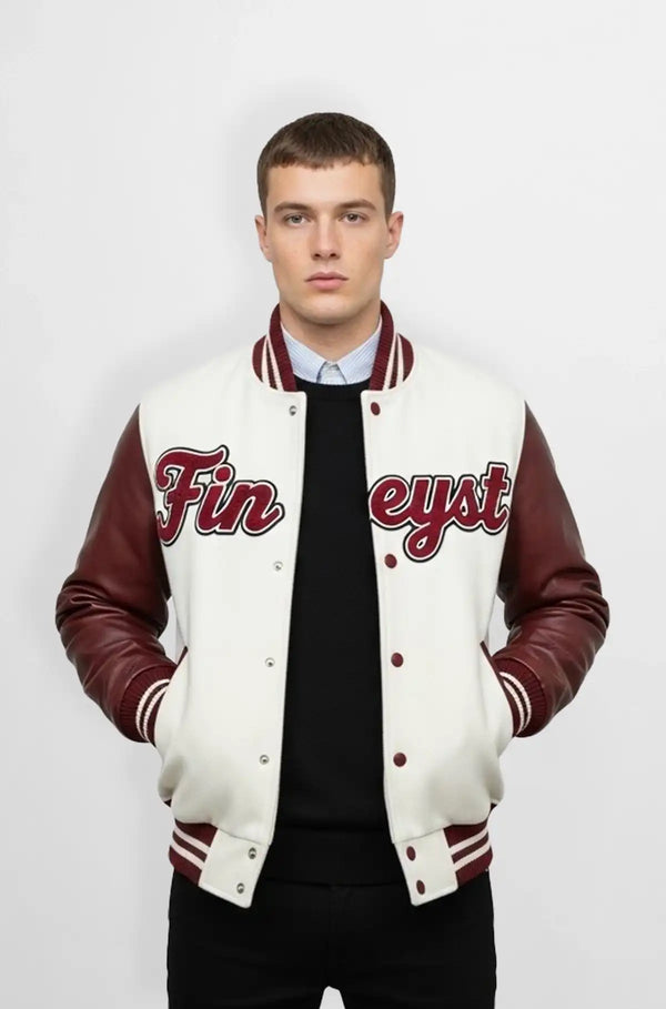 Off White Wool Leather Varsity Jacket Front view