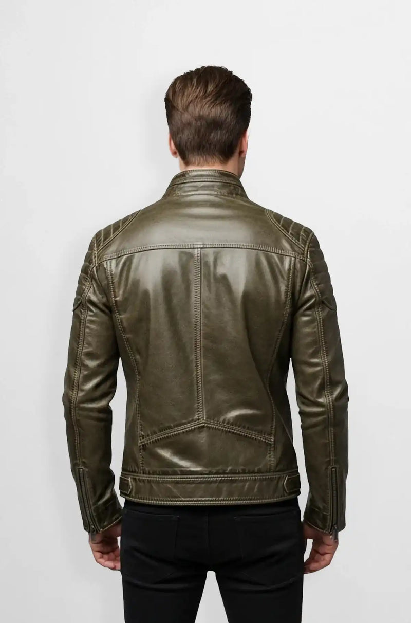 Olive Green Pure Leather Biker Jacket Back view