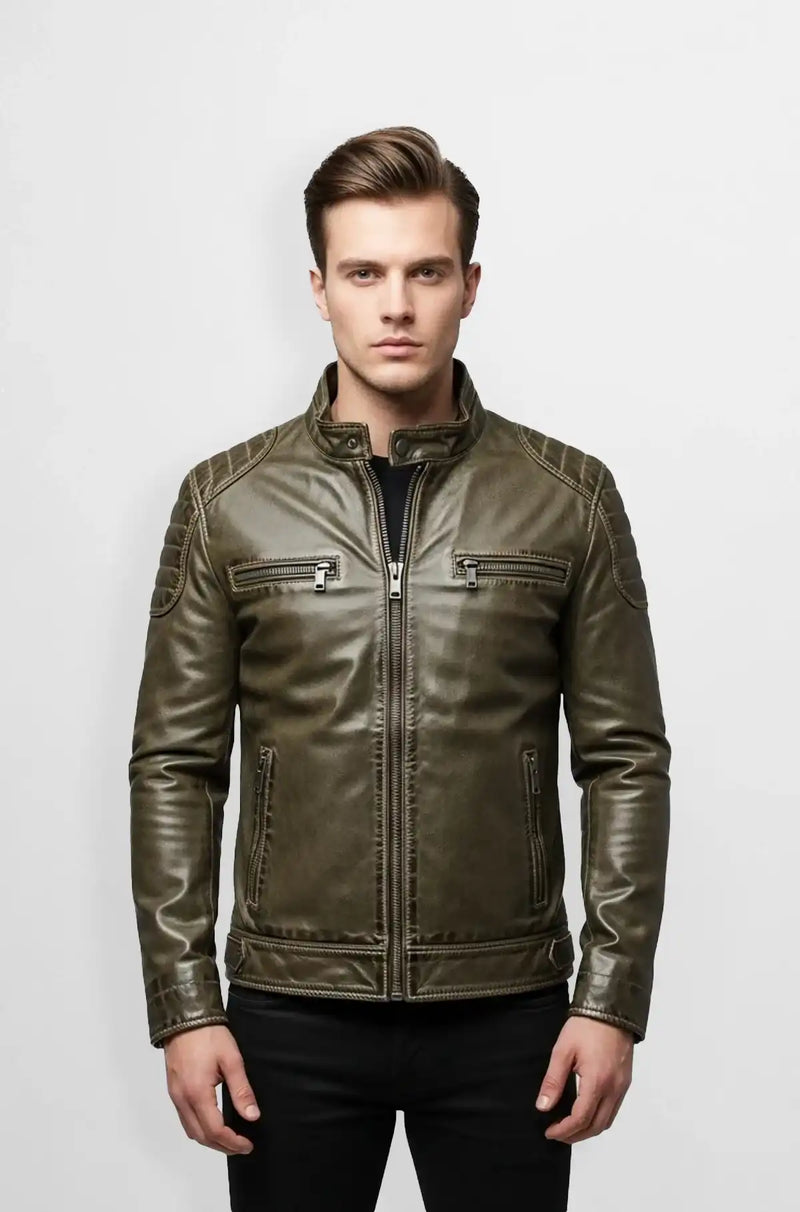 Olive Green Pure Leather Biker Jacket Front view