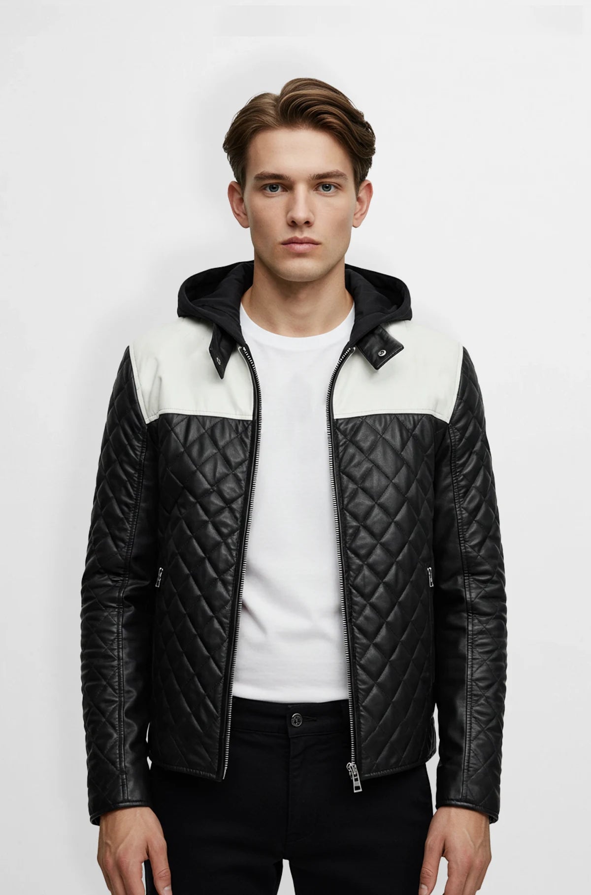 Quilted Leather Jacket with Hood for Men