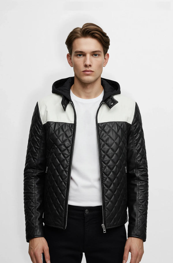 Quilted Leather Jacket with Hood for Men front view