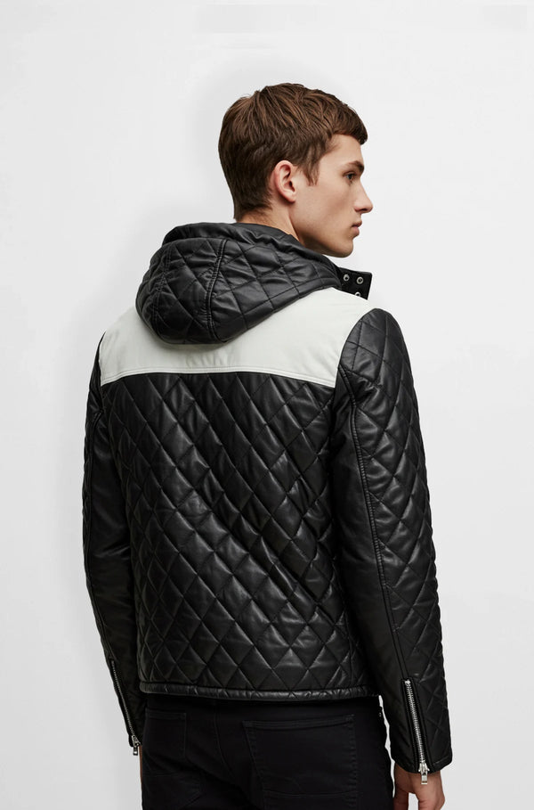 Quilted Leather Jacket with Hood for Men back view