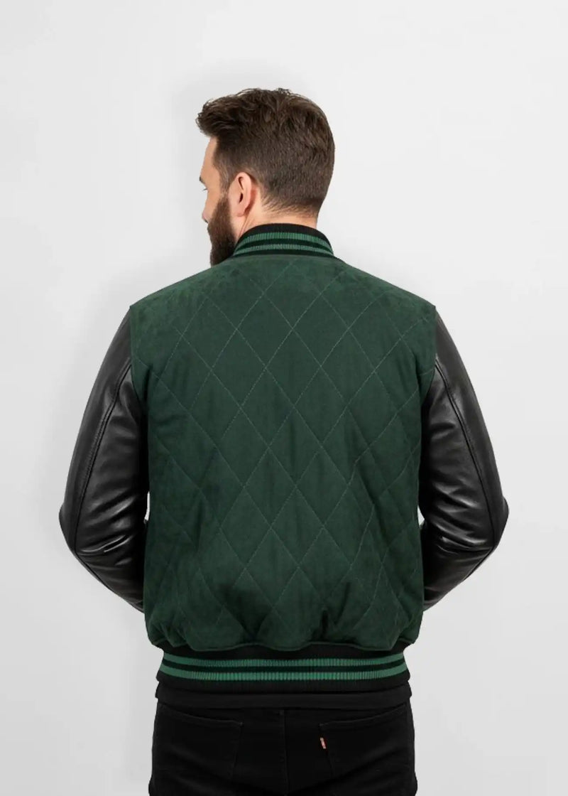 Quilted Forest Green Suede Leather Varsity Jacket Back view